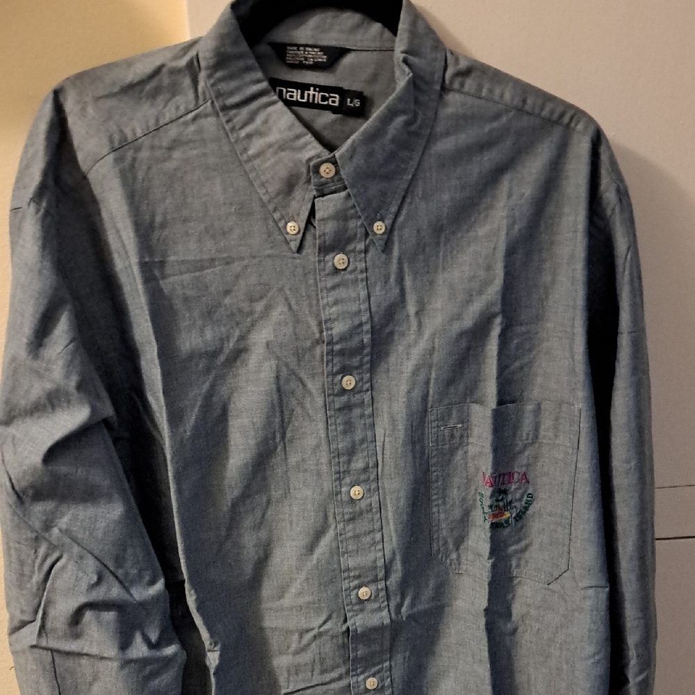 NAUTICA Sky Blue BUTTON-FRONT SHIRT, Size: Large